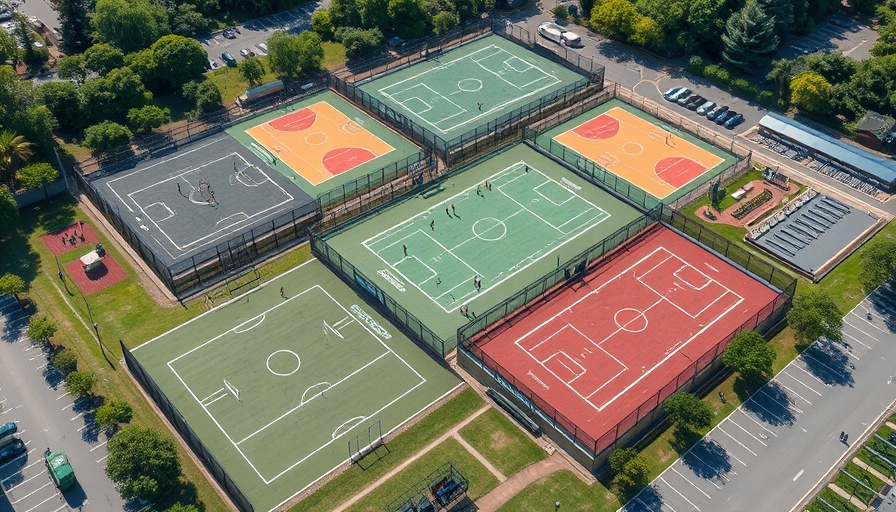 Aerial view of sports complex with fields and courts, people playing, sports entertainment complex bookings.