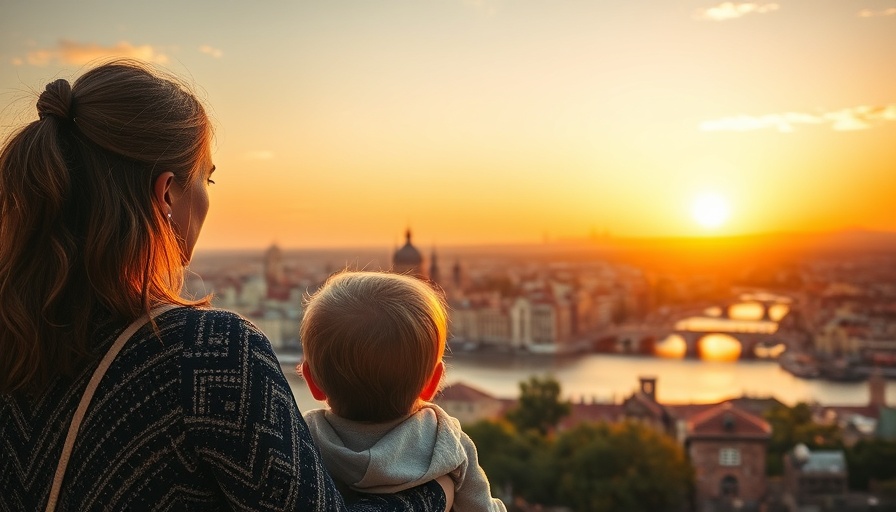 Mother and child enjoying travel adventure stories view at sunset.