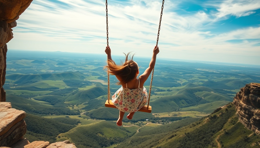 Girl swinging on cliff with scenic Portugal view, enjoying family travel adventures.