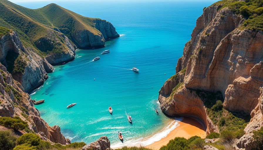 Stunning Greek island scenery with turquoise waters and boats.