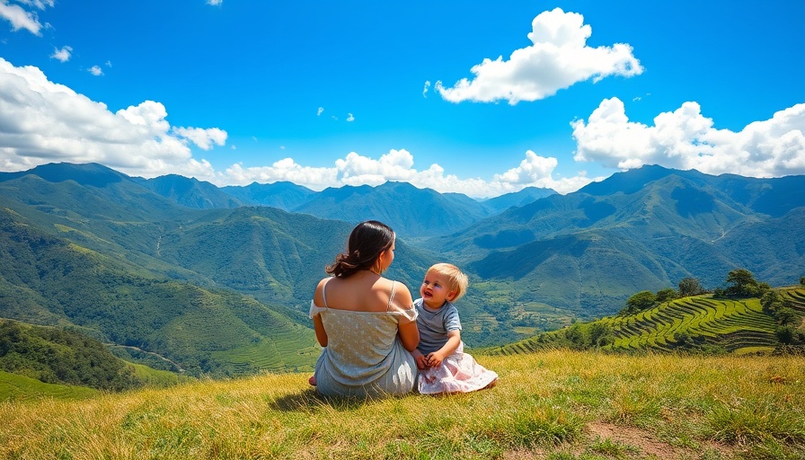 Mother and child enjoying Peru family trip with stunning terraced view.