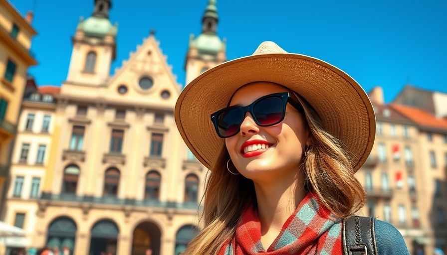 Stylish traveler with tech essentials in European city, sunny day.
