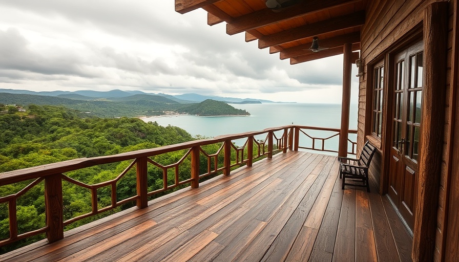 Rustic patio with ocean view at restaurant in a plane, Costa Rica.