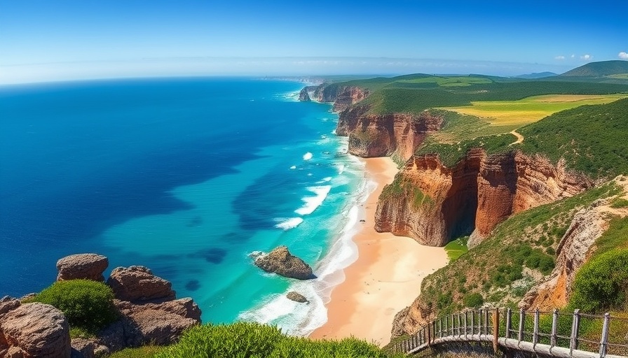 Stunning coastal view for a family travel adventure, sandy beach and cliffs.