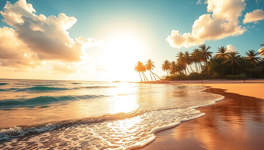 Sunlit tropical beach with palm trees in travel news.