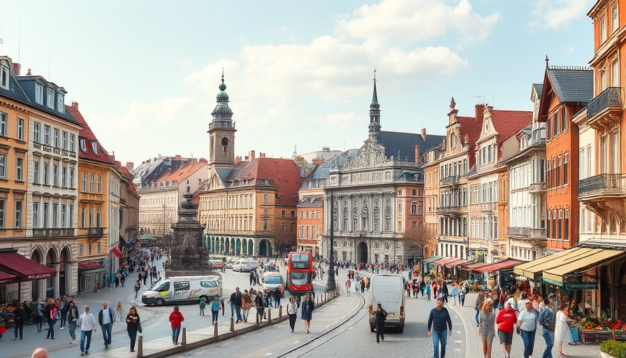 European Travel ETA scenic cityscape with historic landmarks.