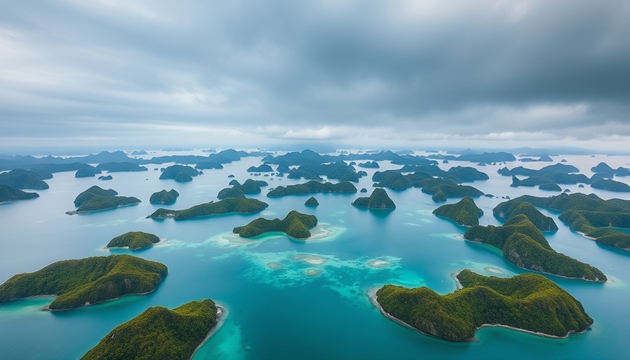 Aerial view of Raja Ampat's green islands and turquoise waters.
