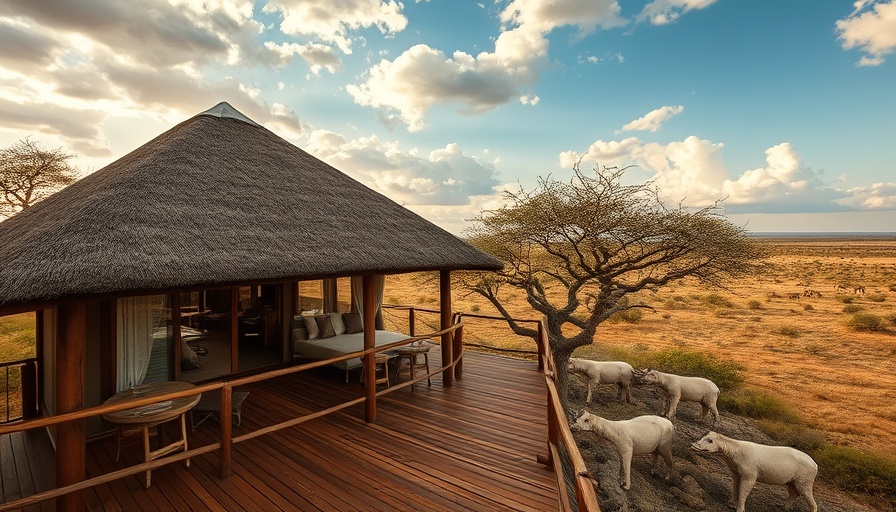 Safari lodge in Botswana with thatched roofs and savannah view.