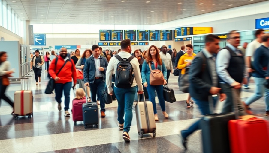Bustling airport terminal, travelers with luggage, travel news.