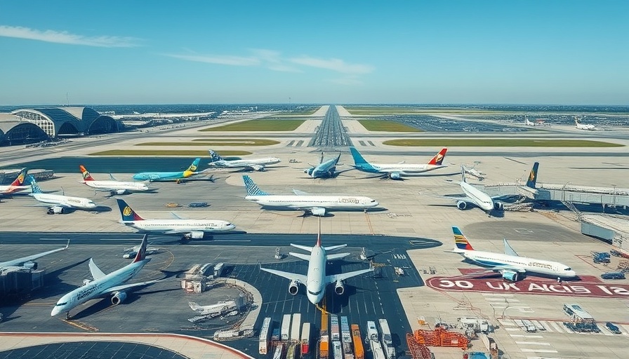 Aerial view of airport traffic shows Etihad March 2025 statistics.