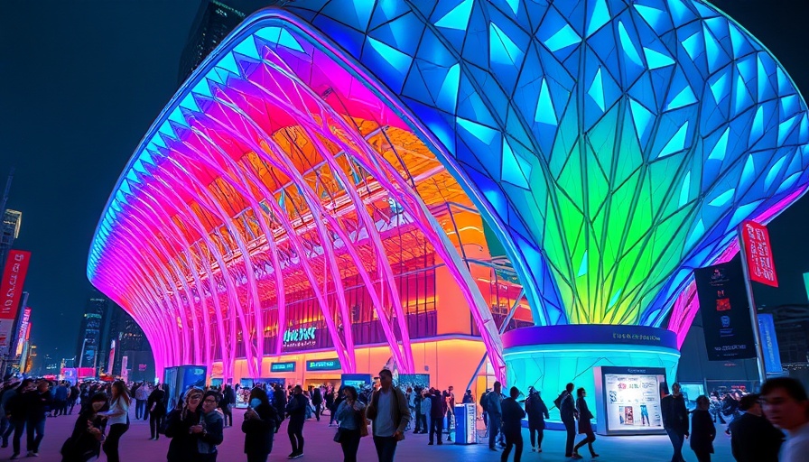 Futuristic pavilion at Expo 2025 Osaka Kansai with dynamic lighting.