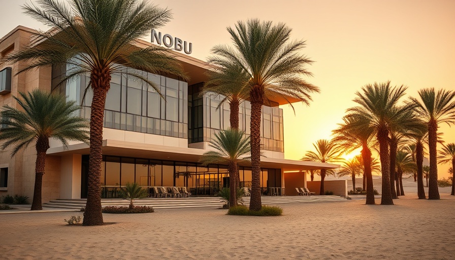 Nobu Hotel Oman exterior at sunset with palm trees.