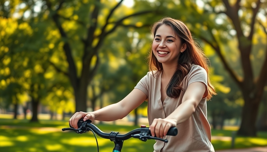 Teenage girl biking in greenery, promoting sustainable actions.