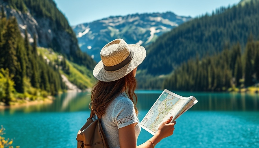 Young woman with map exploring nature, promoting sustainable travel.