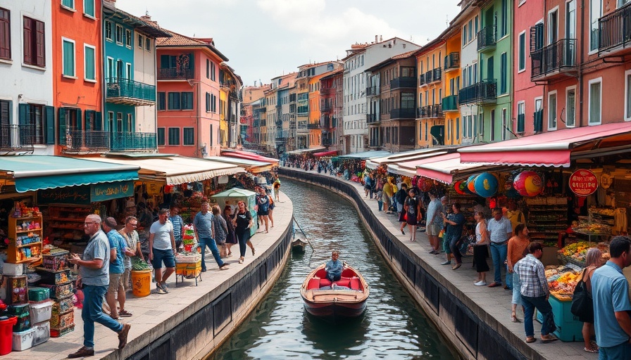 Bustling canal market with colorful architecture - sustainable travel.
