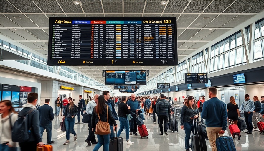 Bustling airport terminal scene for travel news.