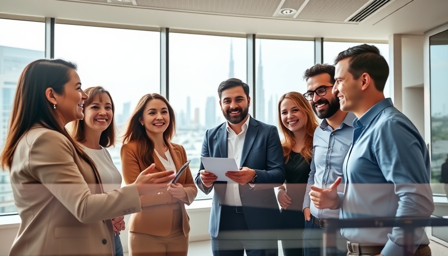 UAE customer rewards concept with smiling businesspeople in office.