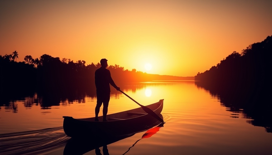 Silhouetted figure canoeing at sunset on peaceful waters, sustainable travel.