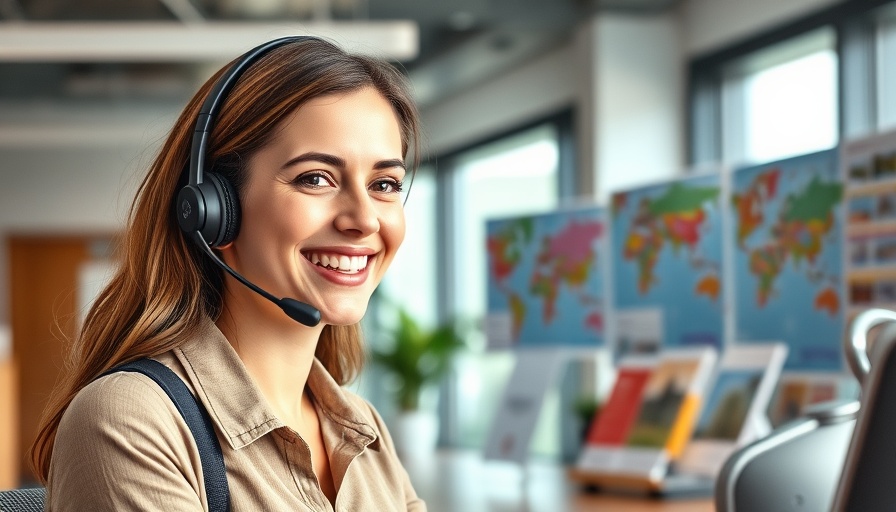 Arabic-speaking travel assistant in bright office.