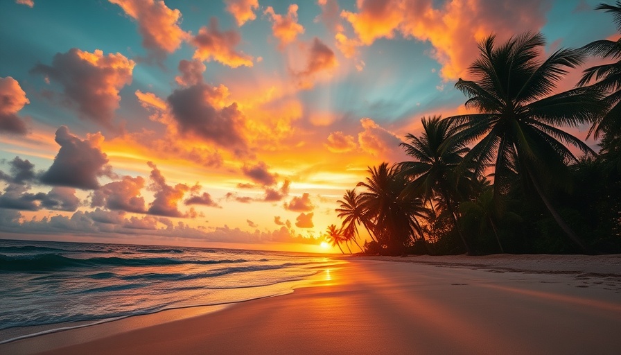 Stunning tropical beach sunrise with palm trees in travel news.