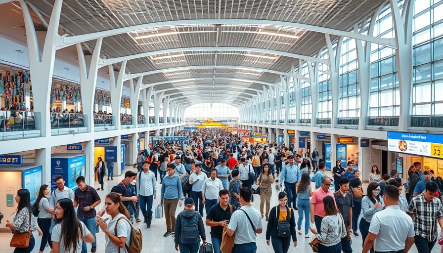 Modern airport terminal bustling with travelers.