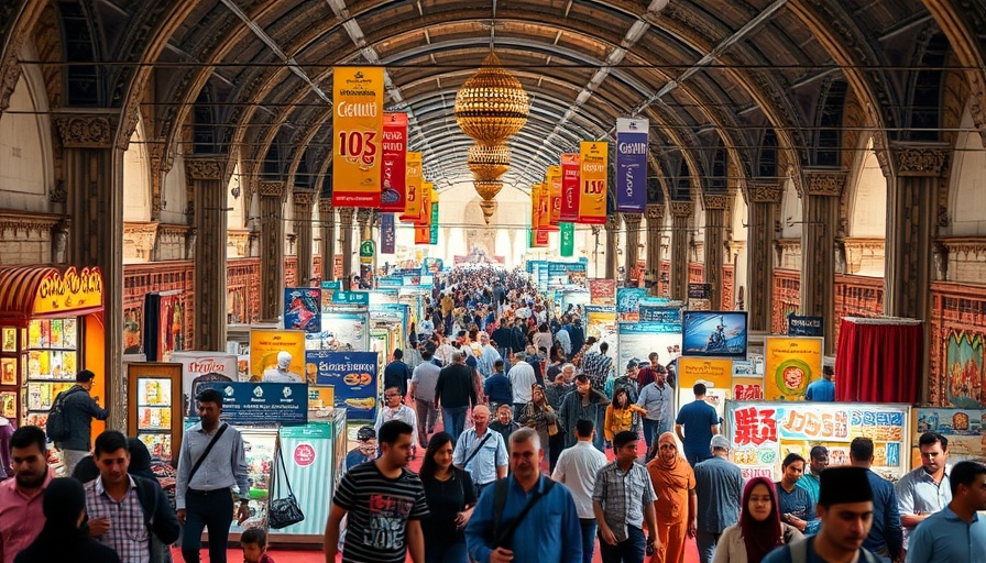 Diverse crowd exploring Arabian Travel Market 2025 exhibit.