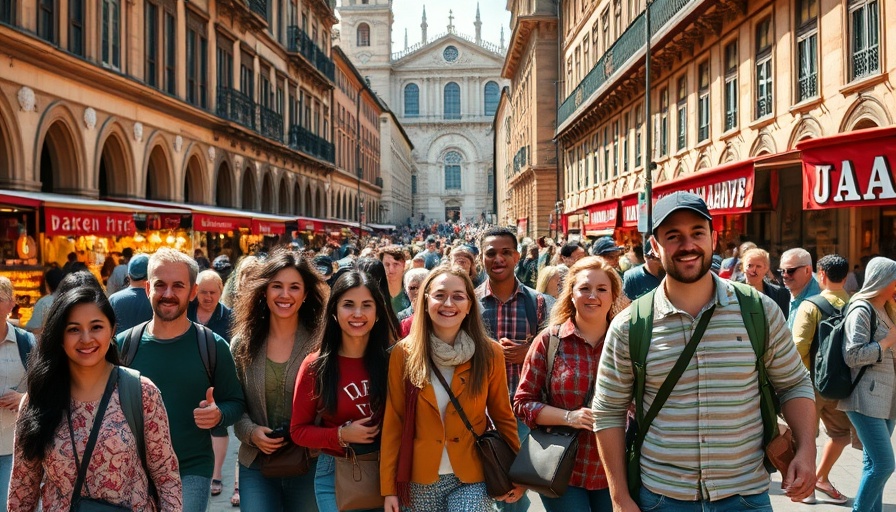 Travel news this week: Diverse travelers in a bustling city square.