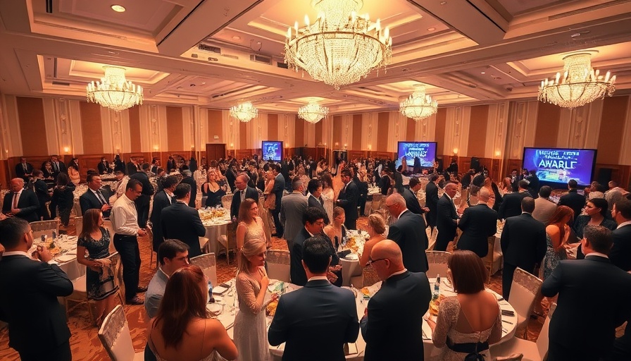 Grand ballroom at World Travel Awards 2025 with guests mingling.