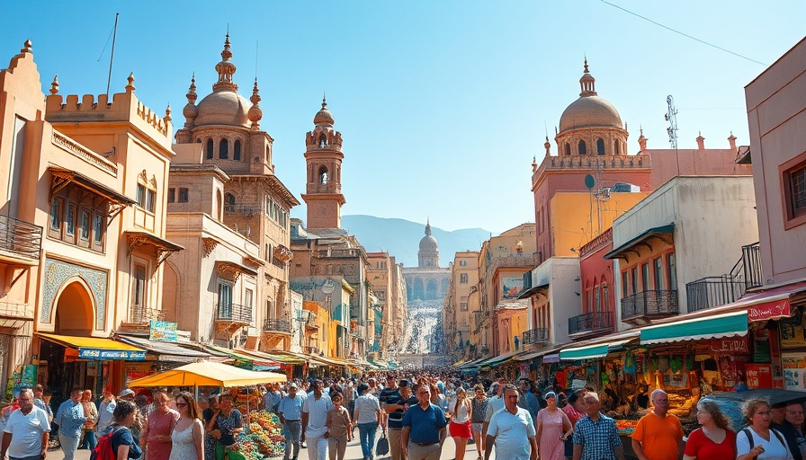 Middle East tourism growth in bustling cityscape with vibrant market.