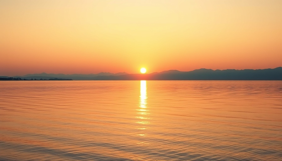 Picturesque sunset over a calm lake reflecting warm hues.