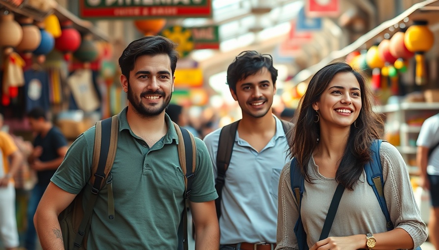Spanish travelers at vibrant marketplace, unique travel approach.