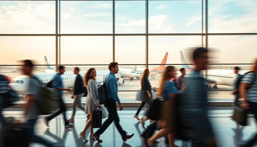 Busy airport scene with travelers for travel news.