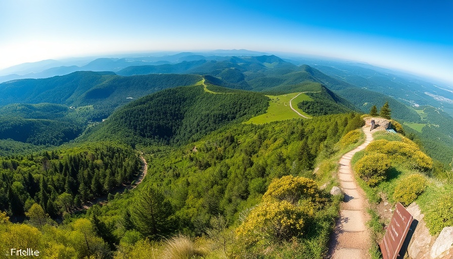 Lush landscape with a hiking trail under a clear blue sky.