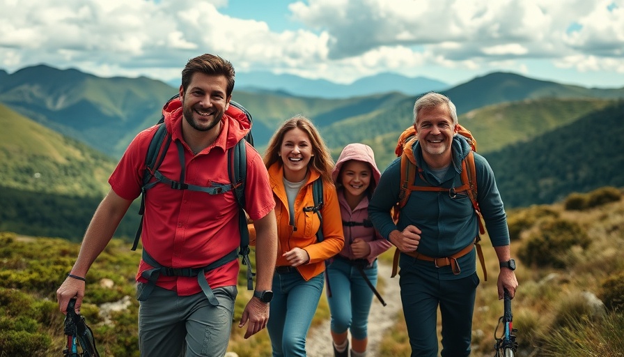 Family hiking in scenic mountains enjoying active travel adventures.