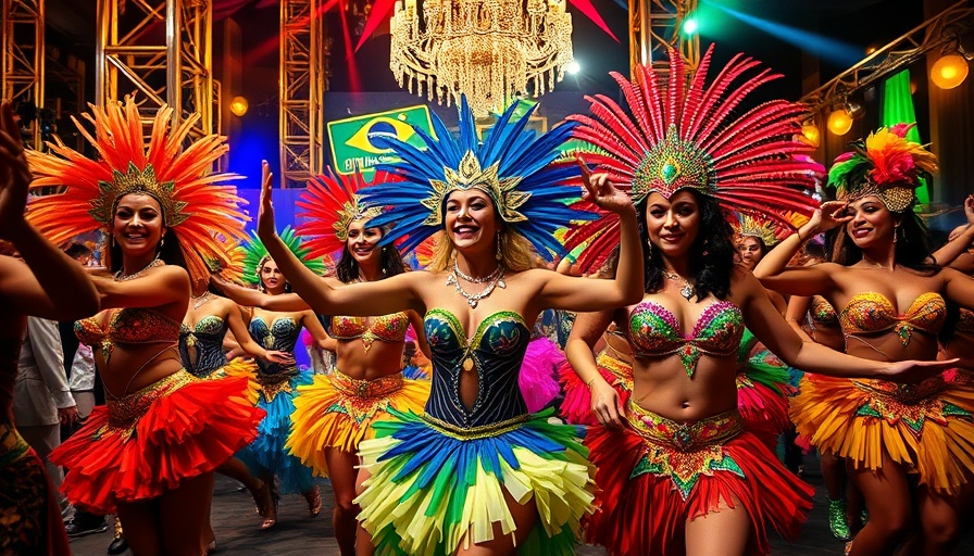 Brazil Carnival-themed gala with colorful dancers celebrating.