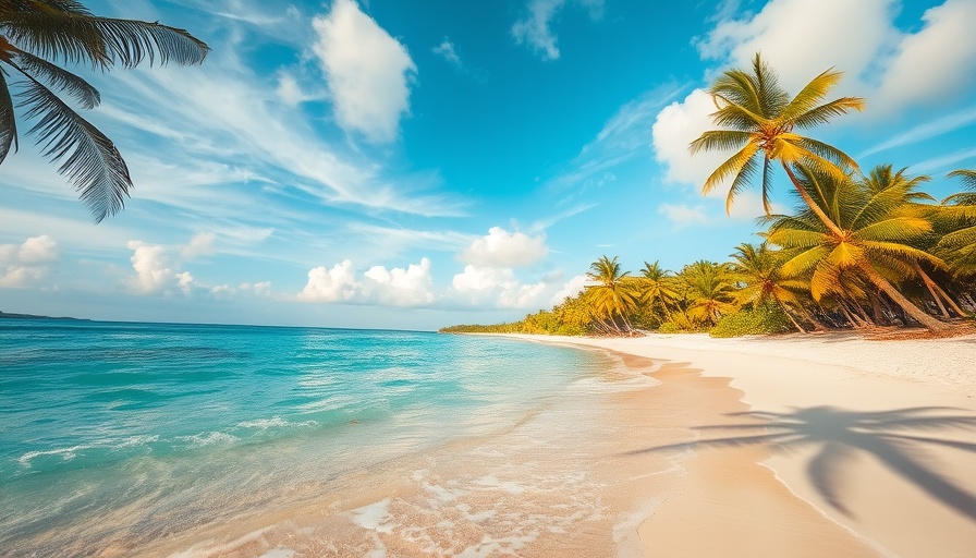 Tropical beach with palm trees and clear water for Sandals Maycation Giveaway.