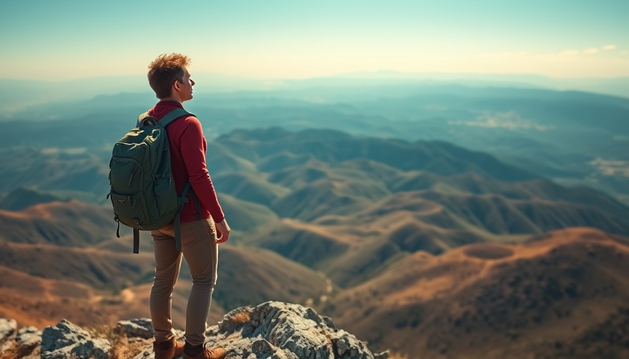 Traveler protected on a mountain peak at sunrise, embracing journey.