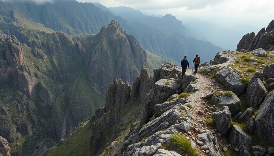 Family expedition on a narrow mountain path, dramatic cliffs.