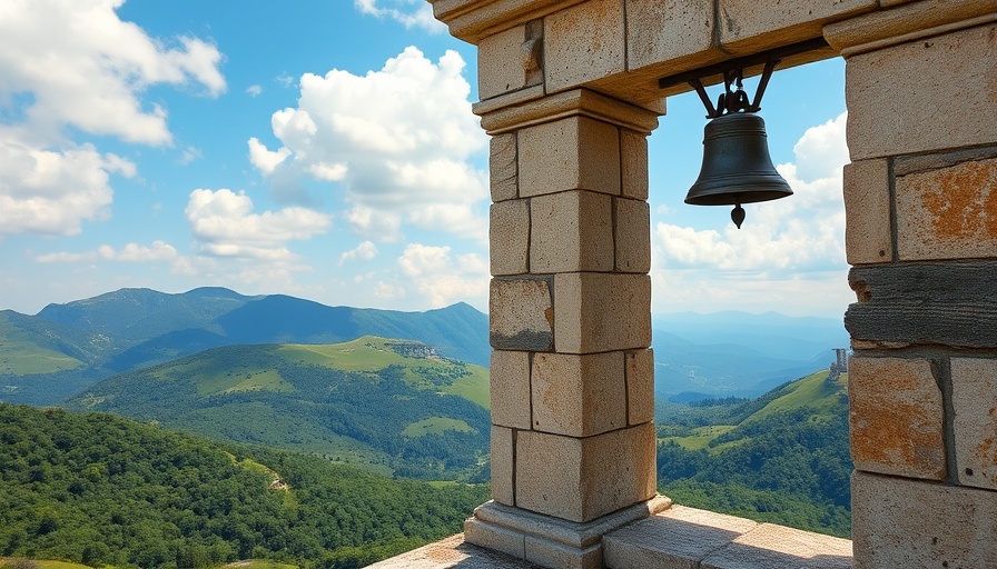 Scenic view of Picos de Europa mountains and bell tower during a family expedition