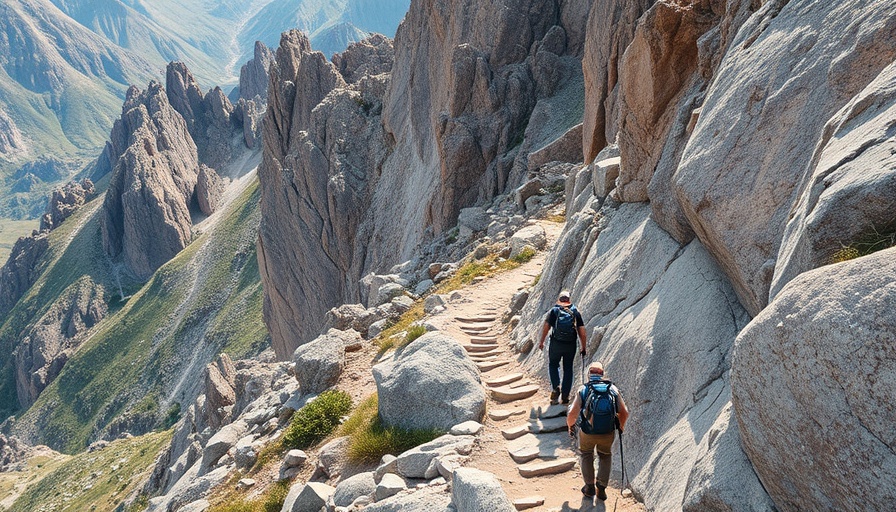 Family expedition on a narrow mountain path with dramatic cliffs.