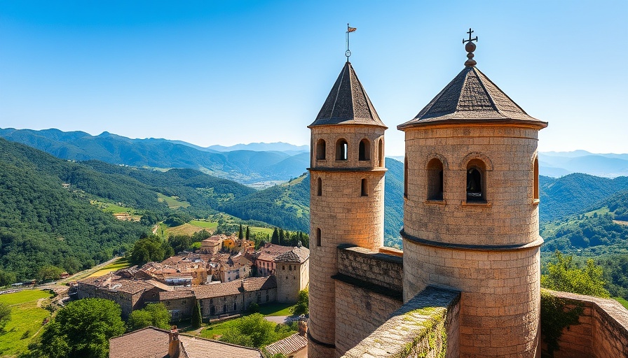 Ancient bell tower and lush landscape, family explorer theme.
