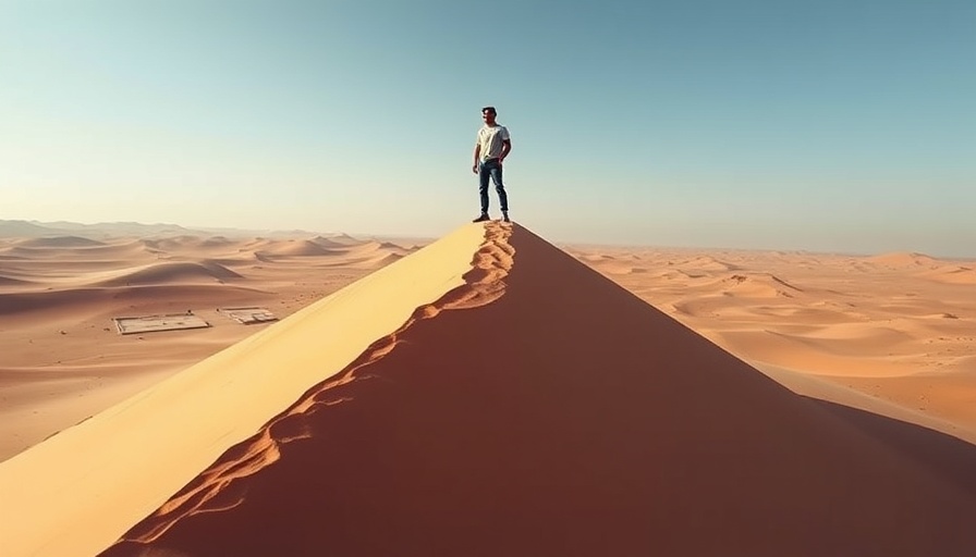 Solitary explorer on a sand dune in vast desert landscape, family explorer.