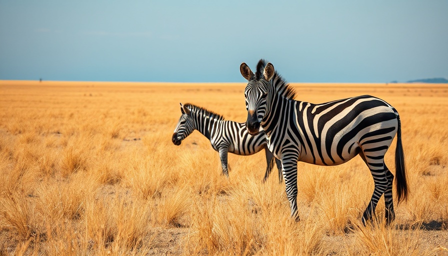 Zebra grazing in a vast savanna, capturing nature's tranquility.