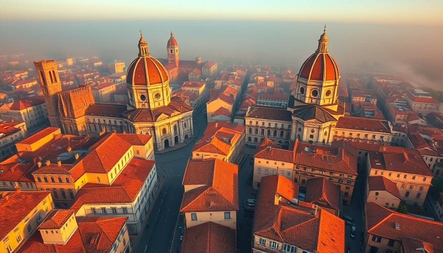 Aerial view of Bologna's historic architecture at dawn during a family expedition.