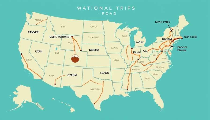 Map illustrating national park road trip routes across the USA.