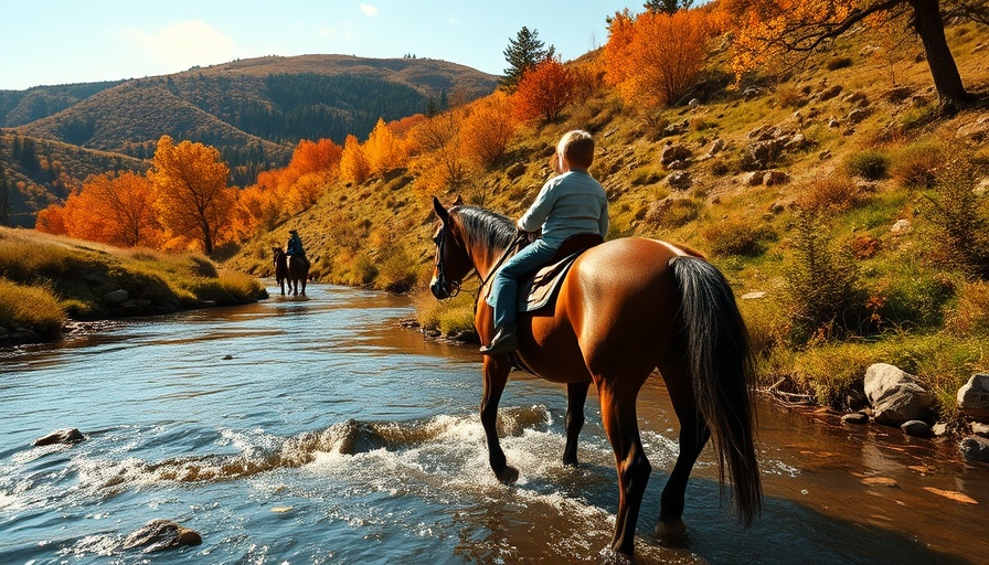 Family adventure in Red Lodge Montana: horseback crossing stream in autumn.