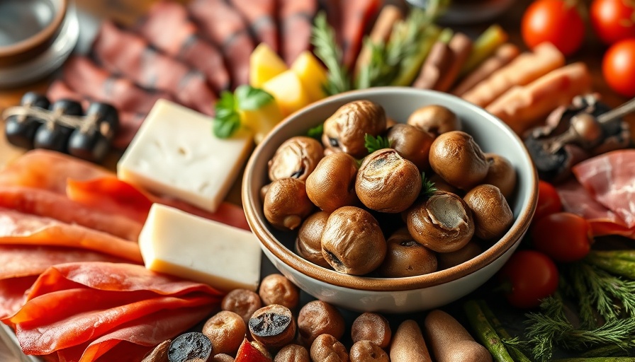 Colorful charcuterie board with meats and cheeses.