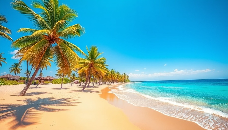 Scenic tropical beach with palm trees and clear waters.