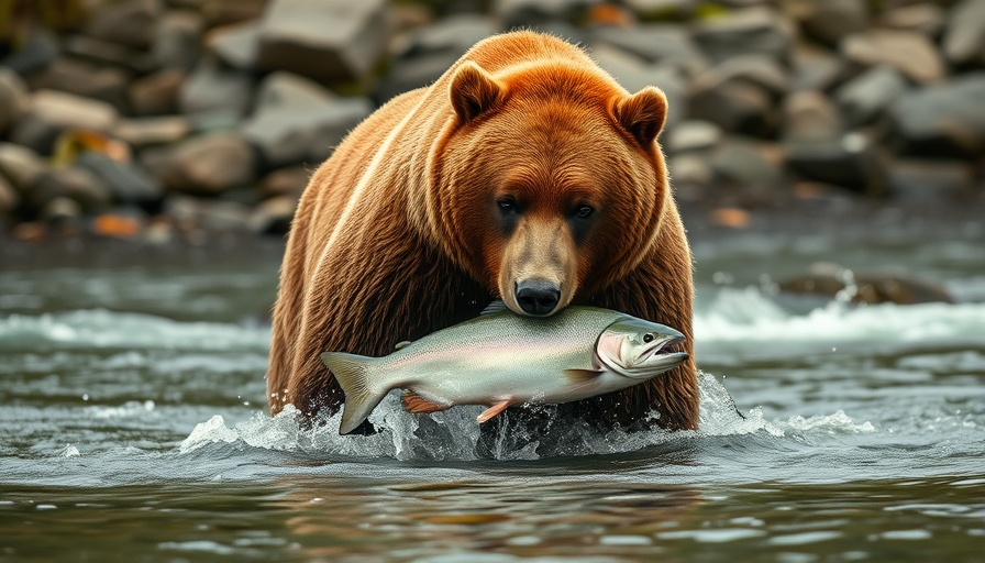 Brown bear with salmon in river, related to cruise packages cost in U.S. and Canada.