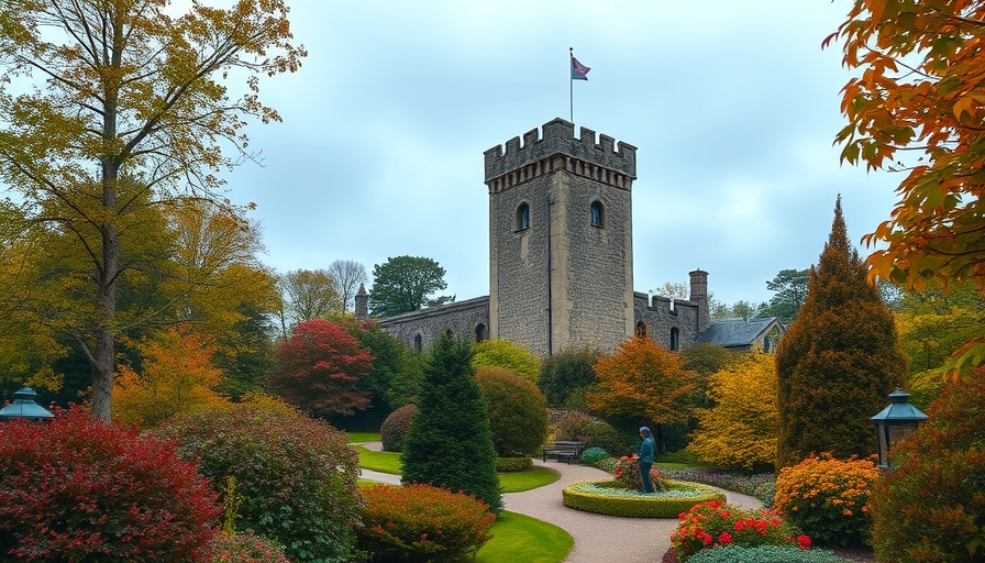 Historic castle tower with gardens in autumn, budget travel in Ireland.